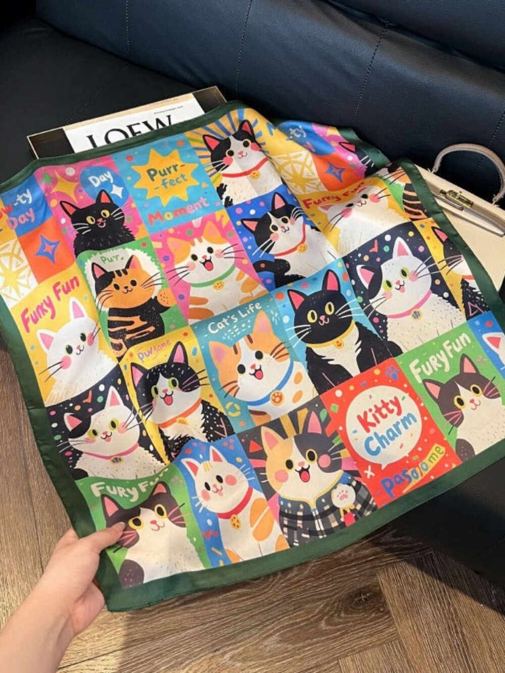 Silk-feel Cute Kitty Charm Cats Print Green Border Head Scarf , Neck  70×70 Cm